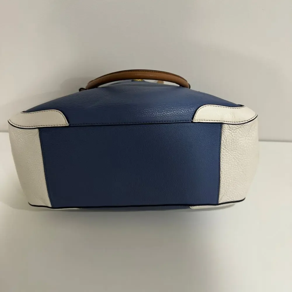 Tory Burch Frances Satchel Pebbled Leather Blue White Brown Colorblock Tote